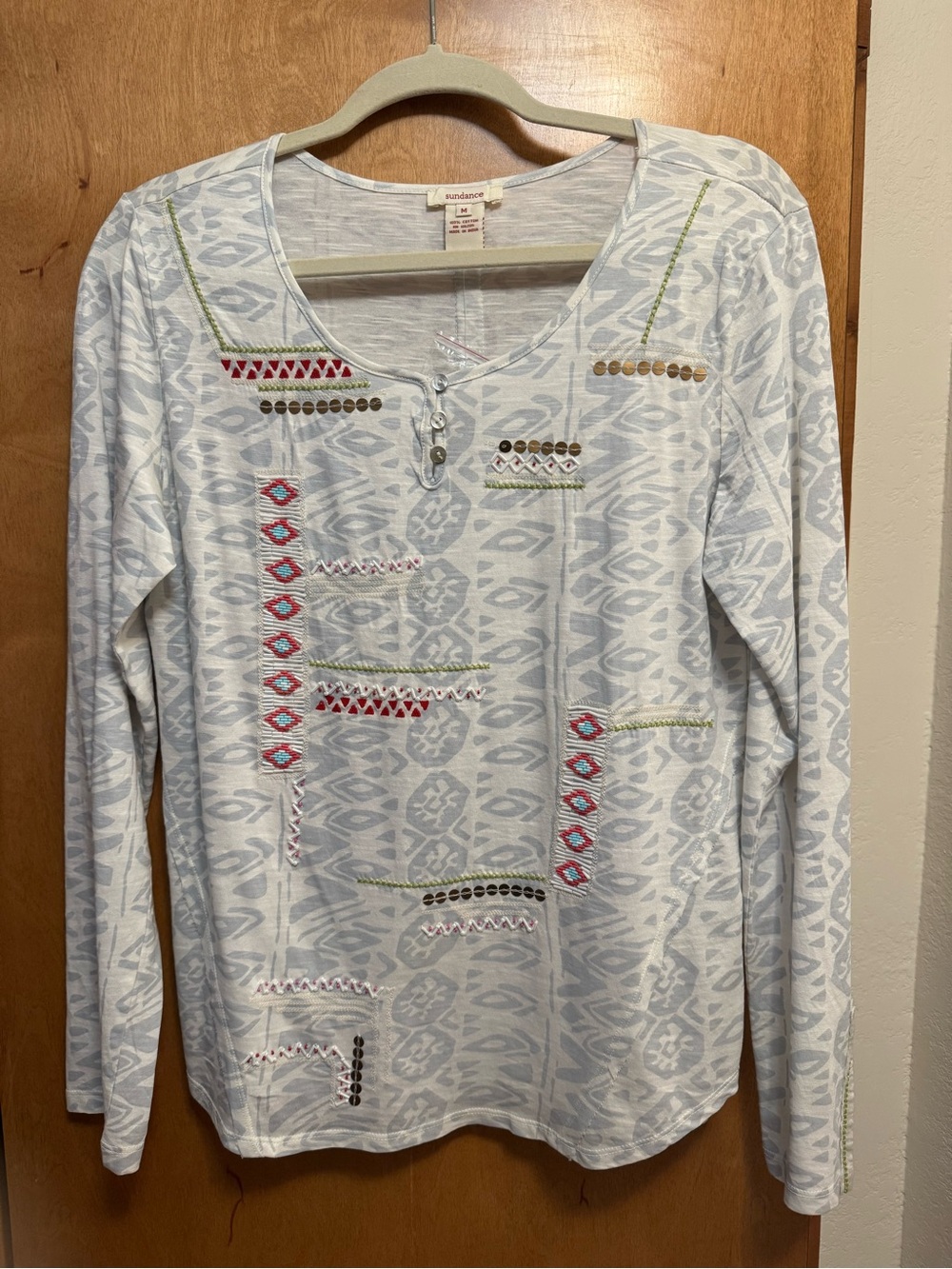 Sundance Light Blue & White Long Sleeve Embroidered & Beaded Tee